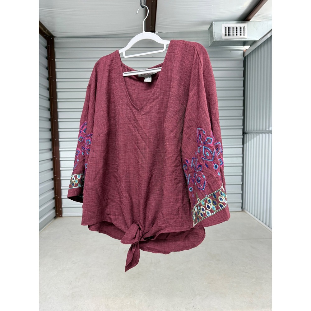 Olivia & Martin Burgundy Embroidered Tie Front Boho Blouse Top Plus Size 2X